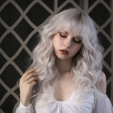 18 Inch Medium Long Snow White Curly Wavy Wigs With Bangs